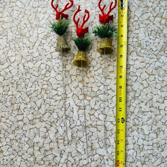 Vintage 70s Red Deer and gold bell Christmas Picks Ornaments set of 3 RARE - Picture 2 of 3